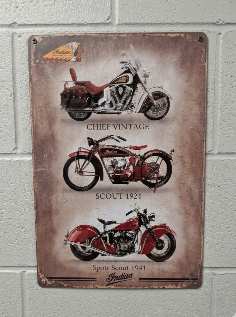 Vintage-style metal wall sign featuring a vertical lineup of three Indian Motorcycles: Chief Vintage, Scout 1924, and Sport Scout 1941 on a distressed parchment-style background