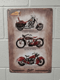 Vintage-style metal wall sign featuring a vertical lineup of three Indian Motorcycles: Chief Vintage, Scout 1924, and Sport Scout 1941 on a distressed parchment-style background