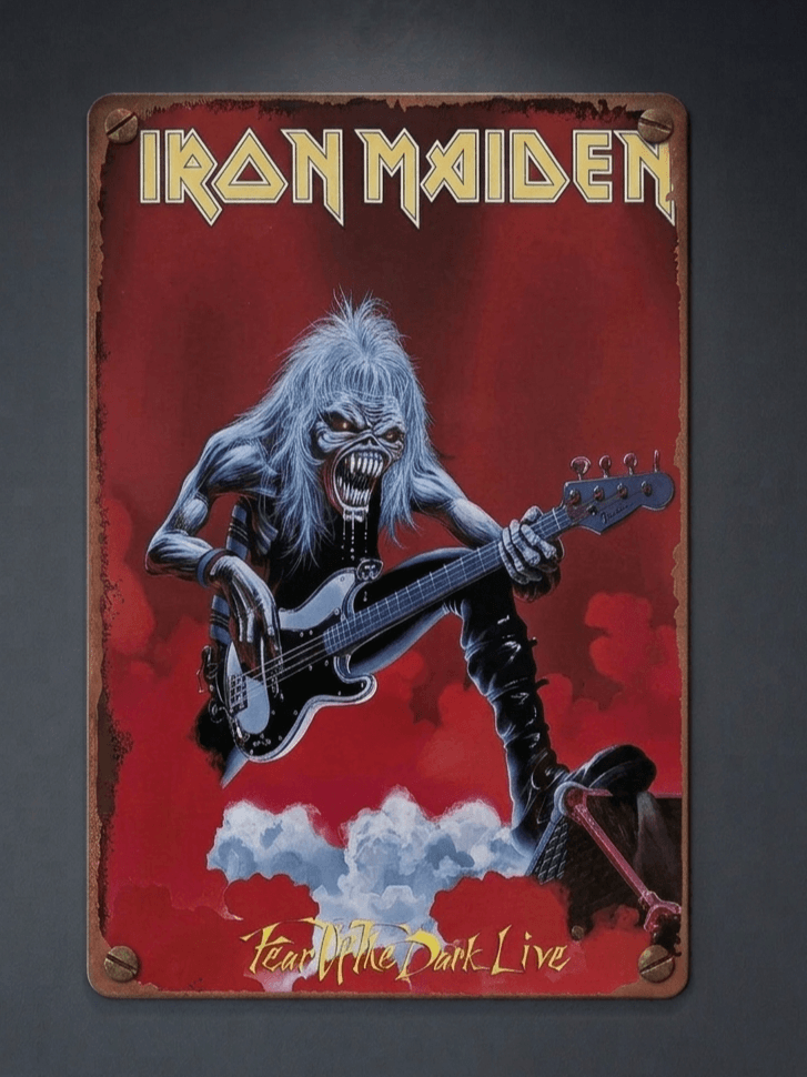 Vertical vintage-style metal wall sign for Iron Maiden, featuring mascot Eddie playing a bass guitar against a red smoky background with the text 'Fear of the Dark Live' and distressed rusted edges.