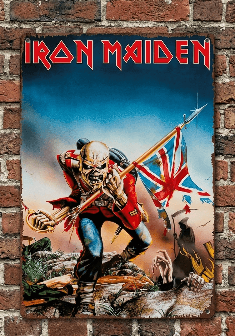 Vintage-style vertical metal wall sign for Iron Maiden, featuring the iconic Eddie mascot dressed as a 19th-century soldier charging with a tattered Union Jack and a sword on a battle-torn background with rusted edges.
