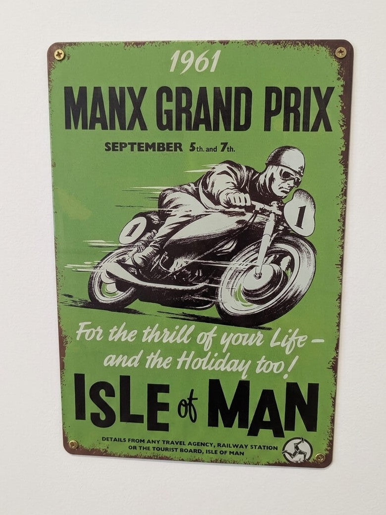 Manx Grand Prix Retro Metal Sign | Isle of Man Motorcycle Wall Art Decor Print