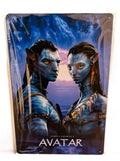 Vertical glossy metal wall sign for James Cameron's Avatar movie in protective plastic wrap, featuring a high-definition promotional portrait of Jake Sully and Neytiri on the alien world of Pandora under a twilight sky.