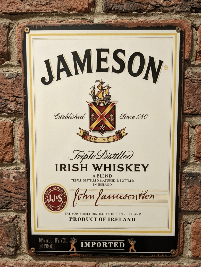 Vintage-style vertical metal wall sign for Jameson Irish Whiskey featuring the brand crest, 'Established Since 1780', and product details on a cream background with rusted, weathered edges.