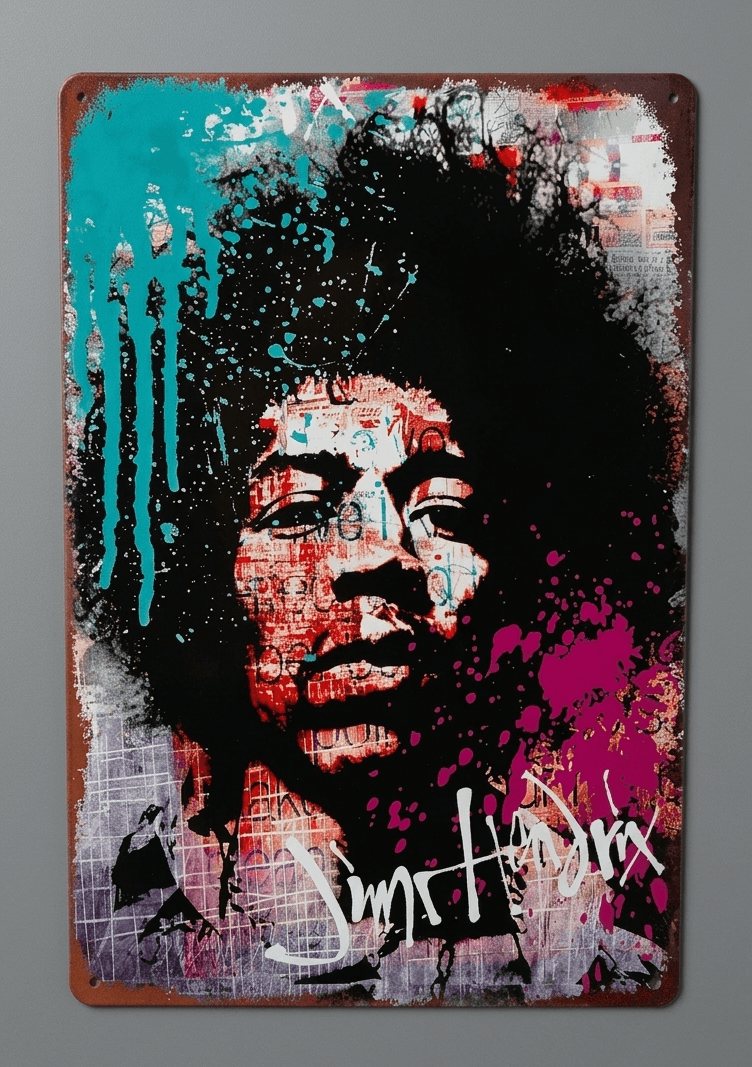 Vintage-style vertical metal wall sign featuring a psychedelic stencil portrait of Jimi Hendrix with teal and magenta paint splashes, graffiti textures, and his signature in white