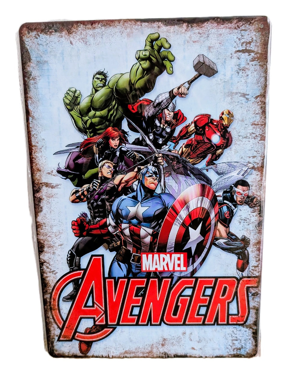 Vertical vintage-style metal wall sign featuring Marvel's Avengers including Captain America, Iron Man, Thor, Hulk, Black Widow, Hawkeye, and Falcon in an action pose with a distressed, rusted border.