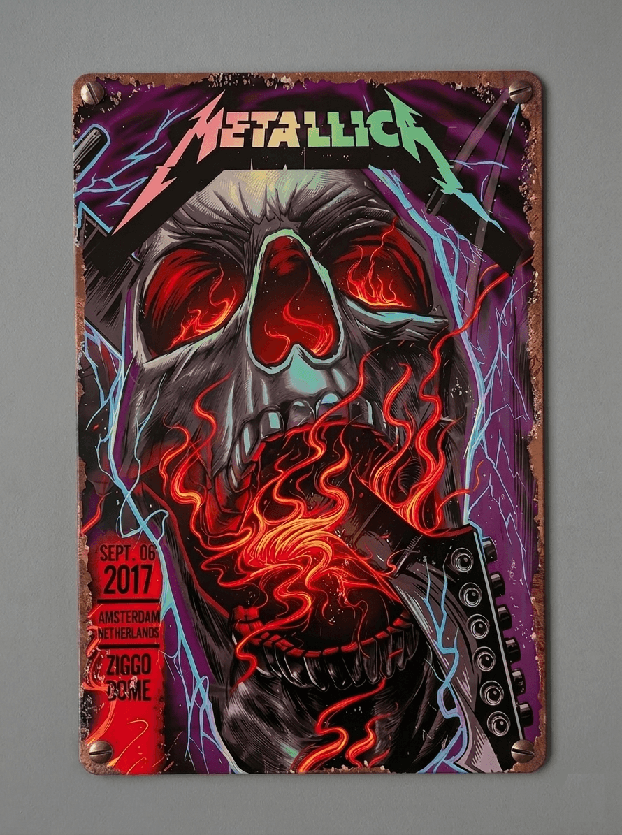 Vertical metal wall sign featuring Metallica concert art for Amsterdam 2017, with a screaming skull breathing fire and a guitar neck, set against a purple lightning background with rusted edges.