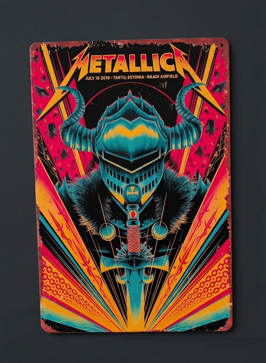 Vertical metal wall sign featuring Metallica tour poster art for July 18, 2019, in Tartu, Estonia, with a stylized horned knight illustration and vibrant neon pink, teal, and yellow rays.