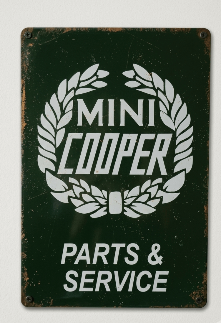Vintage-style British Racing Green metal sign for Mini Cooper Parts & Service featuring a white laurel wreath logo and distressed rusted edges