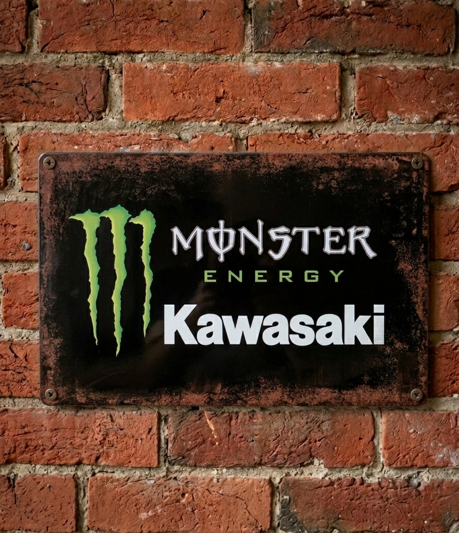 Vintage-style landscape metal wall sign featuring the green Monster Energy 'M' claw logo and Kawasaki branding on a heavily distressed black background with rusted edges.