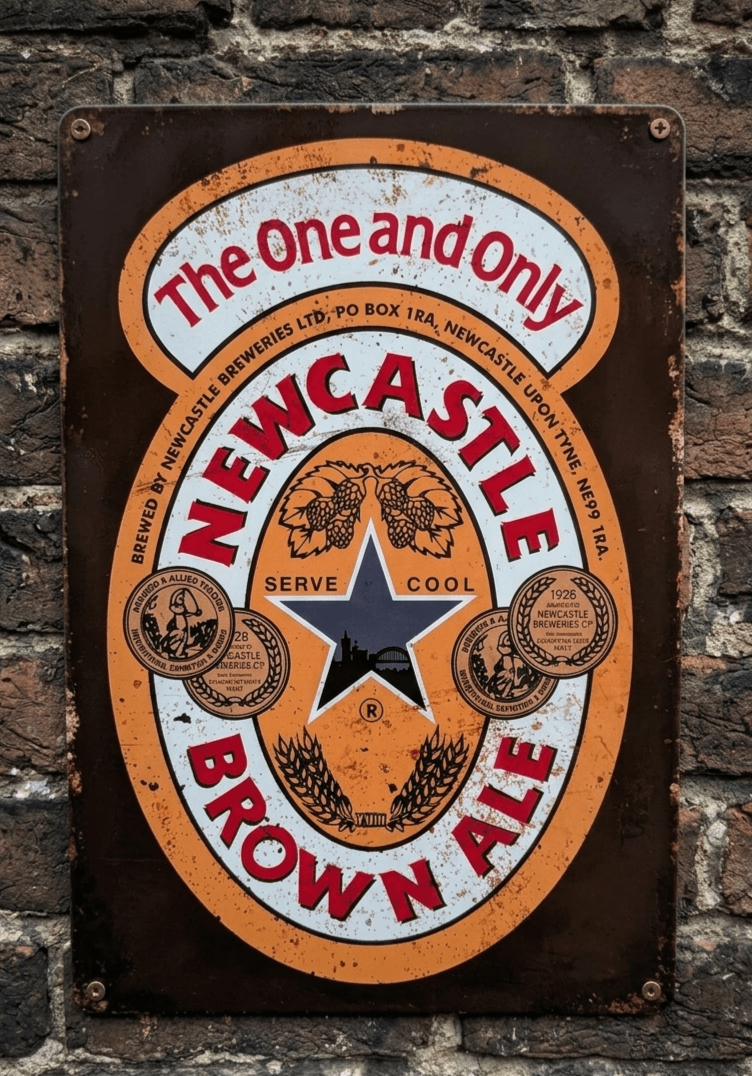 Vintage-style vertical metal wall sign for Newcastle Brown Ale, featuring the iconic blue star logo and 'The One and Only' slogan on a distressed brown and orange background.