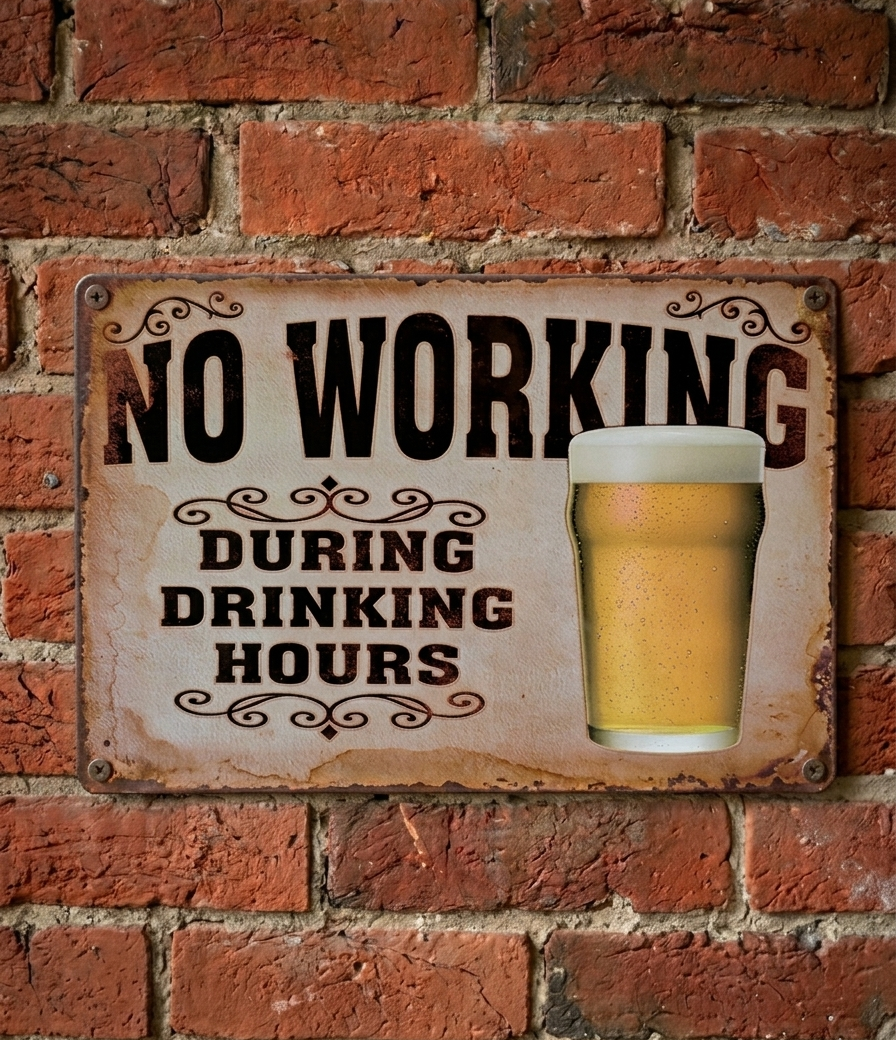 vintage-style landscape metal wall sign with the text 'No Working During Drinking Hours' in bold brown lettering, featuring a realistic pint of beer and decorative flourishes on a stained, cream background with rusted edges.