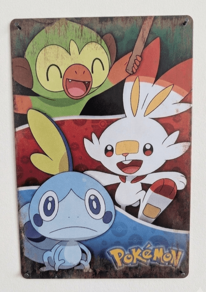 Pokémon Starters Retro Metal Sign | Grookey Scorbunny Sobble Wall Art Print