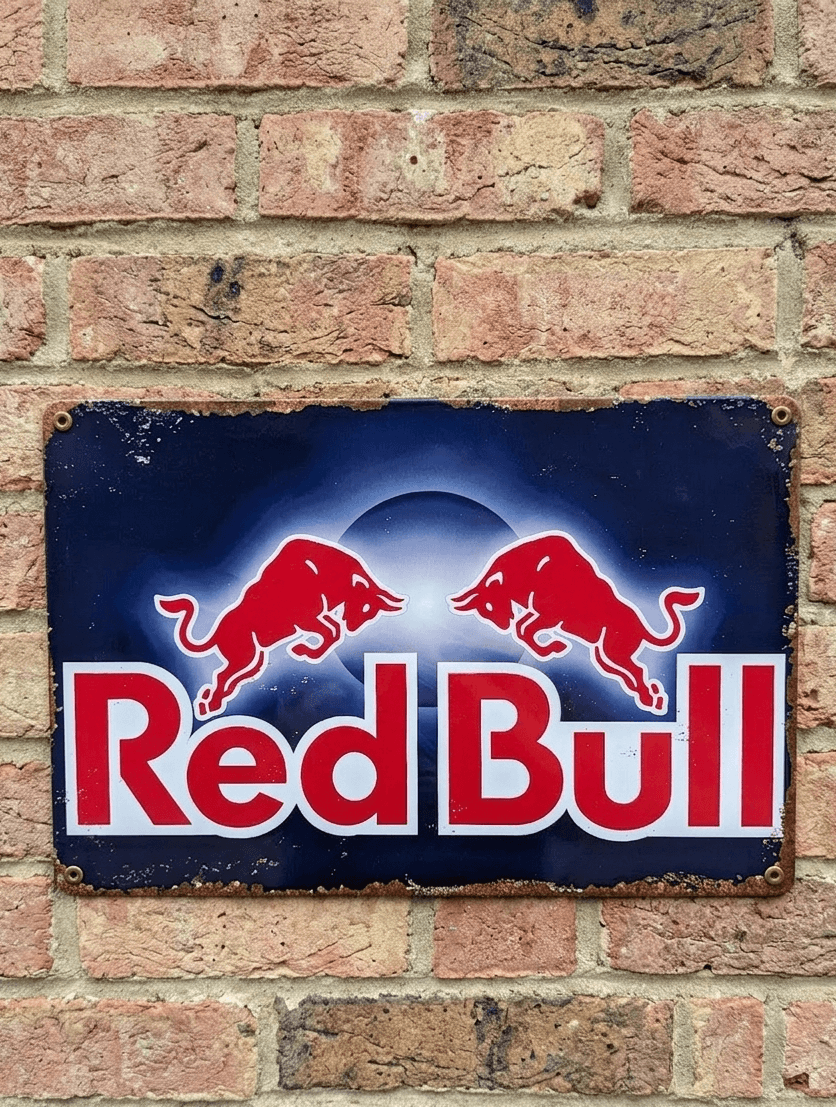 Vintage-style landscape metal wall sign for Red Bull Energy Drink featuring the iconic two charging red bulls logo and bold red text on a deep blue background with weathered, rusted edges.