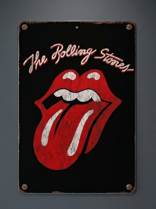 Vertical vintage-style metal wall sign for The Rolling Stones, featuring the classic red tongue and lips logo with white script typography on a black background, complete with distressed rusted edges.