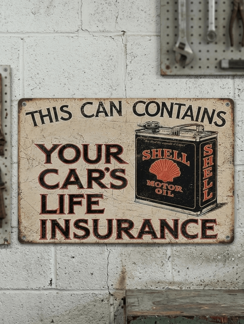 Vintage-style cream metal sign for Shell Motor Oil featuring a classic oil can illustration and the text This Can Contains Your Car's Life Insurance with a distressed finish