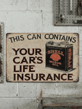 Vintage-style cream metal sign for Shell Motor Oil featuring a classic oil can illustration and the text This Can Contains Your Car's Life Insurance with a distressed finish