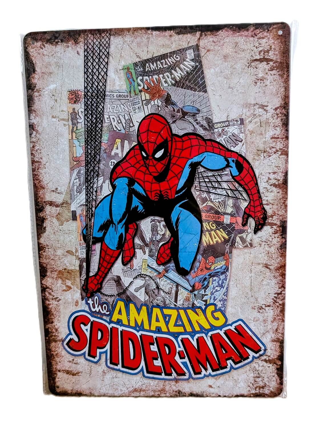 Vertical vintage-style metal wall sign featuring a classic illustration of Spider-Man in an action pose over a collage of Marvel comic book covers, with 'The Amazing Spider-Man' title and distressed rusted borders.