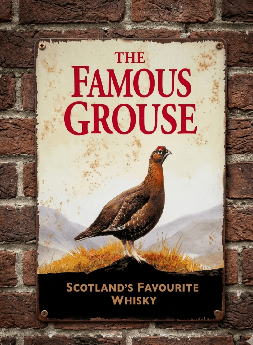 Vintage-style vertical metal wall sign for The Famous Grouse Scotch Whisky, featuring a detailed illustration of a red grouse on a hillside with the brand name in red serif font against a distressed cream background.
