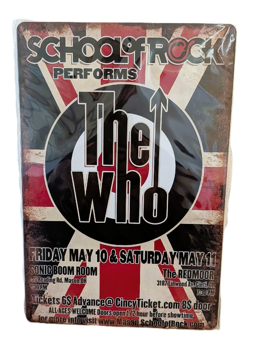 Vertical vintage-style metal wall sign featuring 'School of Rock Performs The Who' concert details over a Union Jack flag and target logo background with rusted, distressed edges.