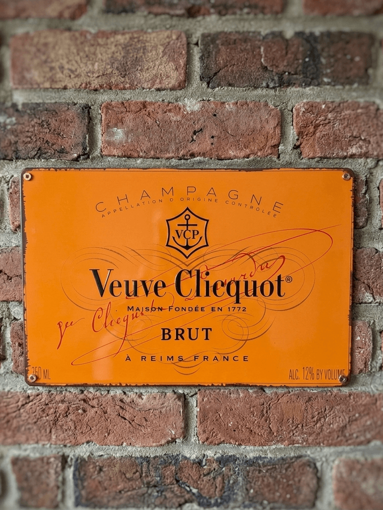 Horizontal vintage-style metal wall sign featuring the iconic orange-yellow Veuve Clicquot Champagne label, including the VCP anchor logo, cursive branding, and 'Maison Fondée en 1772' text on a distressed metal background mounted on a brick wall.
