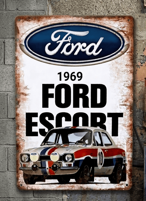 Vintage-style metal wall sign featuring the Ford logo, the text 1969 Ford Escort, and a classic rally car with racing number 10 and a distressed rusted border