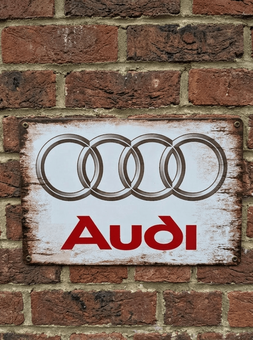 Vintage-style landscape metal wall sign for Audi featuring the classic four rings logo and red Audi text on a distressed white background with rusted edges.
