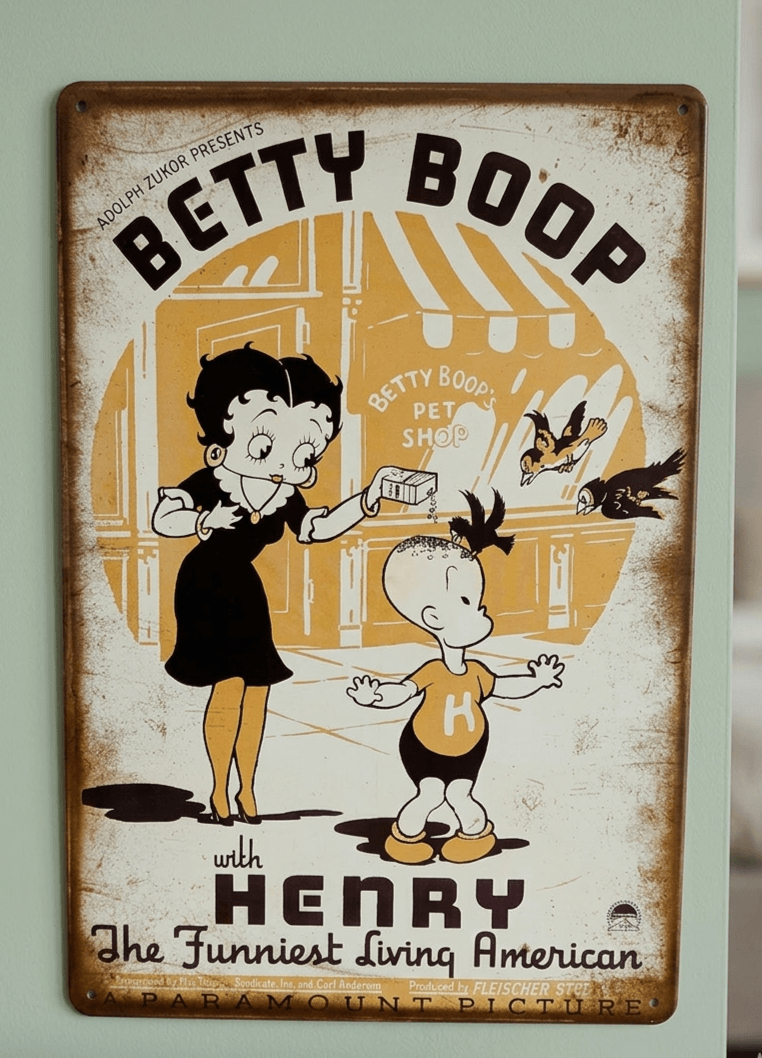 Vintage-style vertical metal wall sign for Paramount Pictures featuring Betty Boop and Henry outside a pet shop, with aged, distressed textures and sepia tones.