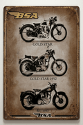 Vertical vintage-style metal wall sign for BSA Motorcycles in protective plastic wrap, featuring sepia-toned side-profile illustrations of three classic models—the Gold Star, Gold Star 1952, and B31 1953—with bold BSA winged logos on a heavily distressed, rusted parchment-style background.