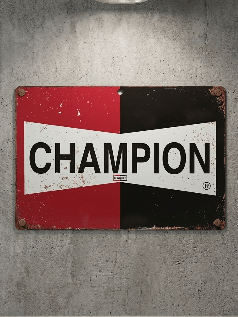 Horizontal vintage-style metal wall sign for Champion Spark Plugs, featuring a split red and black background with the iconic white bow-tie logo and 'CHAMPION' in bold black text, mounted on a grey concrete wall with rusted edges.