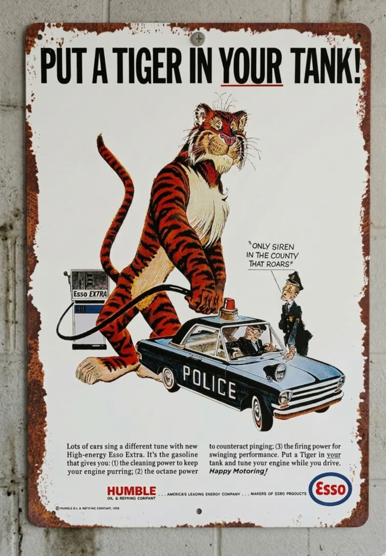 Vintage-style vertical metal wall sign for Esso Extra featuring the 'Put a Tiger in Your Tank' slogan, an illustrated tiger fuelling a police car, and heavily rusted, distressed edges