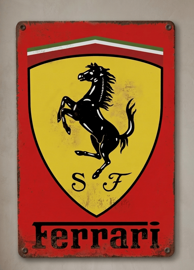 Vertical vintage-style metal wall sign for Ferrari, featuring the iconic yellow Scuderia shield with a black prancing horse, 'S F' initials, the Italian flag tricolor stripe, and bold 'Ferrari' text on a distressed red background with rusted borders.