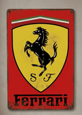 Vertical vintage-style metal wall sign for Ferrari, featuring the iconic yellow Scuderia shield with a black prancing horse, 'S F' initials, the Italian flag tricolor stripe, and bold 'Ferrari' text on a distressed red background with rusted borders.