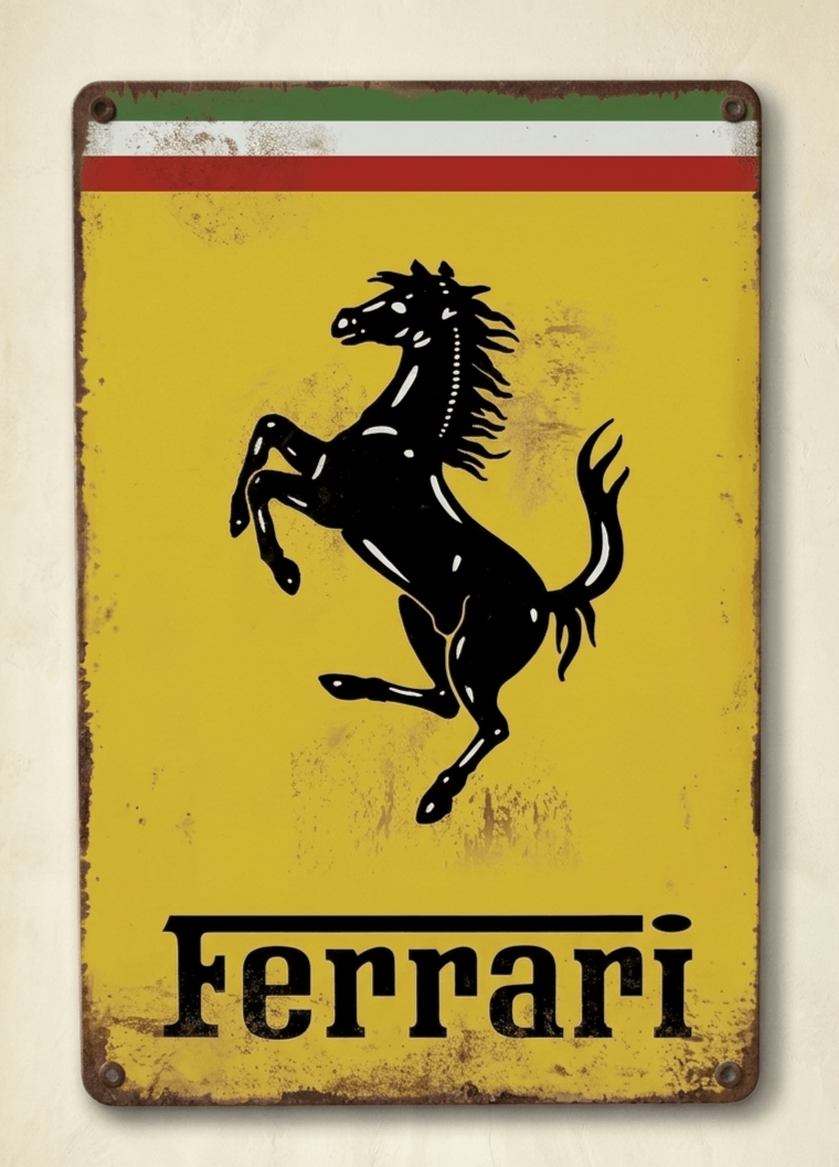 Vertical vintage-style metal wall sign featuring the iconic black Ferrari prancing horse on a solid yellow background, topped with the Italian flag green, white, and red tricolor band, with bold 'Ferrari' text at the bottom and heavily rusted distressed borders.