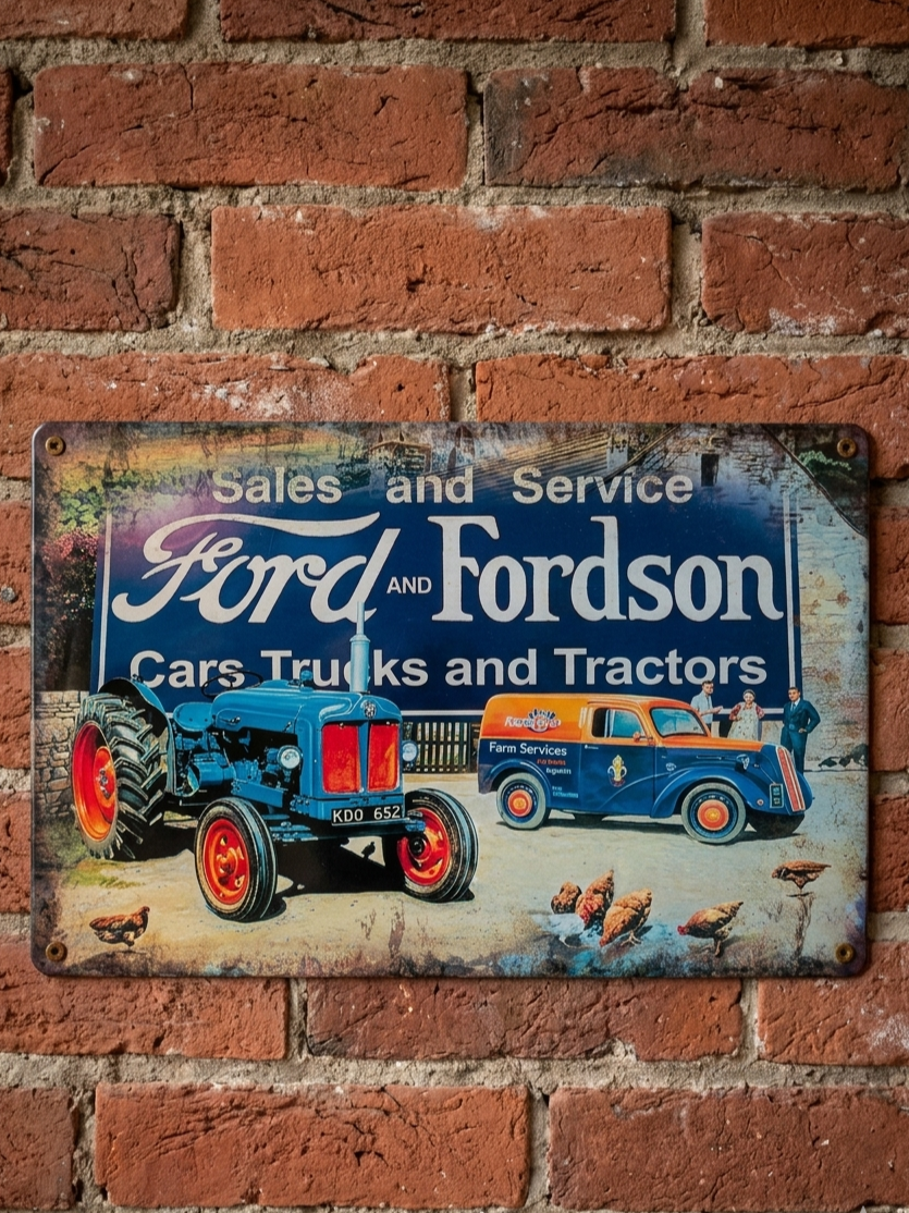 Vintage-style landscape metal wall sign for Ford and Fordson Sales and Service, featuring a blue tractor and an orange and blue farm service van with rural farmyard details and rusted edges.