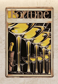 Vertical Art Deco vintage-style metal wall sign replicating the January 1937 Fortune Magazine cover, featuring an elegant illustration of cascading champagne coupes and a chilled bottle in a bucket on a dark background with distressed rusted borders.