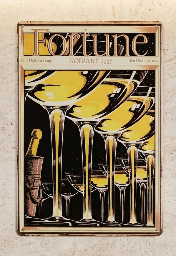 Vertical Art Deco vintage-style metal wall sign replicating the January 1937 Fortune Magazine cover, featuring an elegant illustration of cascading champagne coupes and a chilled bottle in a bucket on a dark background with distressed rusted borders.