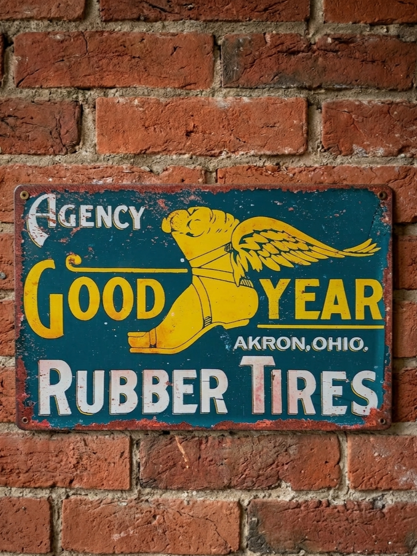 Vintage-style landscape metal wall sign for Goodyear Rubber Tires, featuring the iconic yellow winged-foot logo and 'Akron, Ohio' branding on a distressed teal blue background with rusted edges.