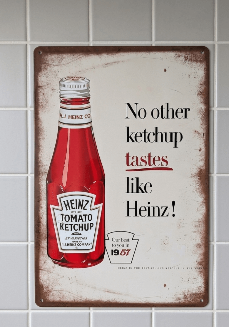 Vintage-style metal wall sign featuring a classic glass bottle of Heinz Tomato Ketchup with the slogan No other ketchup tastes like Heinz and a distressed rusted finish
