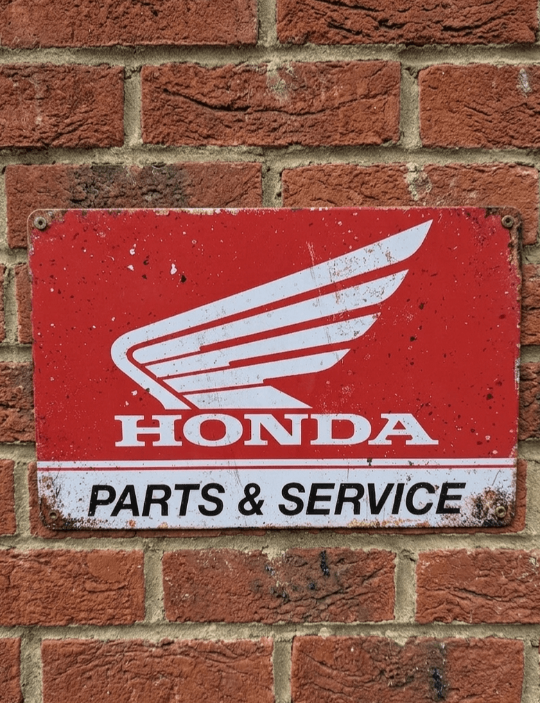 Horizontal vintage-style metal wall sign for Honda Parts & Service, featuring the iconic white Honda wing logo and 'HONDA' text on a vibrant distressed red background with 'PARTS & SERVICE' in black on a white lower strip.