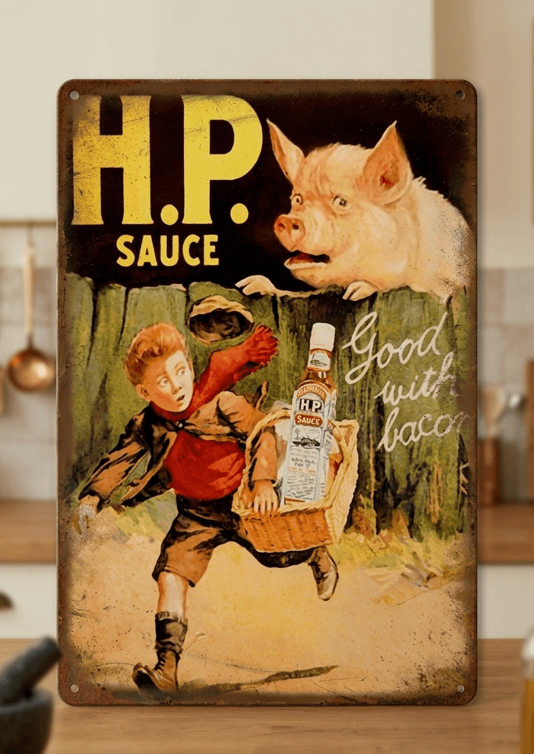 Vertical vintage-style metal wall sign for HP Sauce, featuring an illustration of a young boy running with a basket containing a bottle of HP Sauce, while a pig looks over a fence, with 'Good with bacon' text on a distressed dark background.