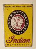 Vintage-style yellow metal sign featuring the circular Indian Motorcycle 1901 logo and script with heavy distressing and scratches
