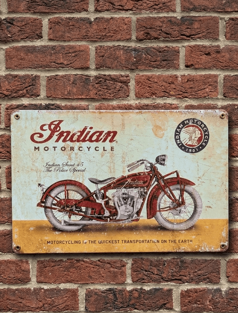 Vintage-style metal wall sign featuring a red Indian Scout 45 motorcycle with heavy rust distressing and the Indian Motorcycle 1901 logo
