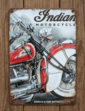 Vertical vintage-style metal wall sign mounted on a rustic wooden background, featuring a highly detailed illustration of a classic red and cream Indian cruiser motorcycle showcasing its front wheel, engine, and swept fender beneath bold script branding and heavily rusted edges.