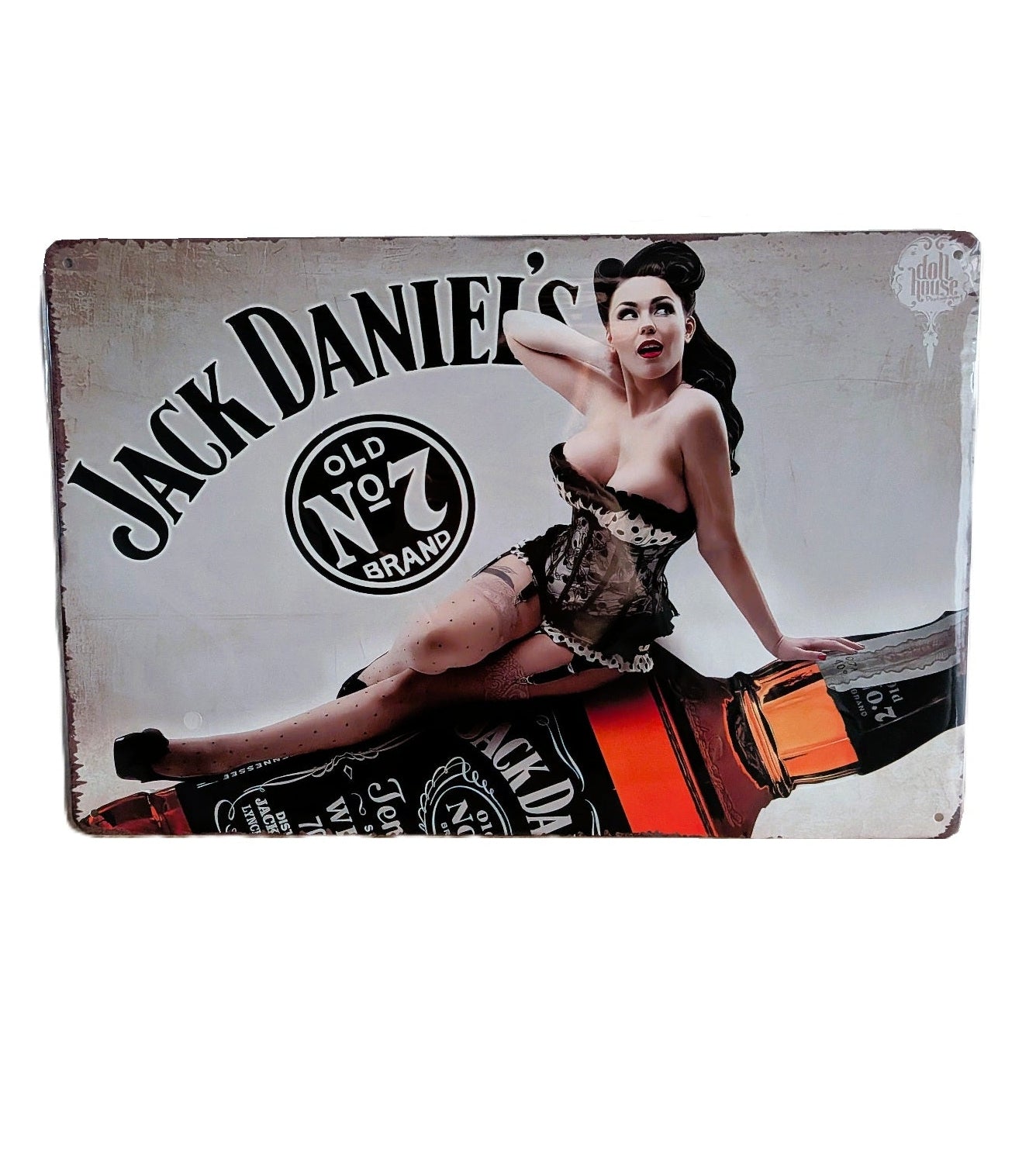 Vintage-style metal wall sign featuring a pin-up model in a black corset and stockings sitting on a large Jack Daniel's Tennessee Whiskey bottle.