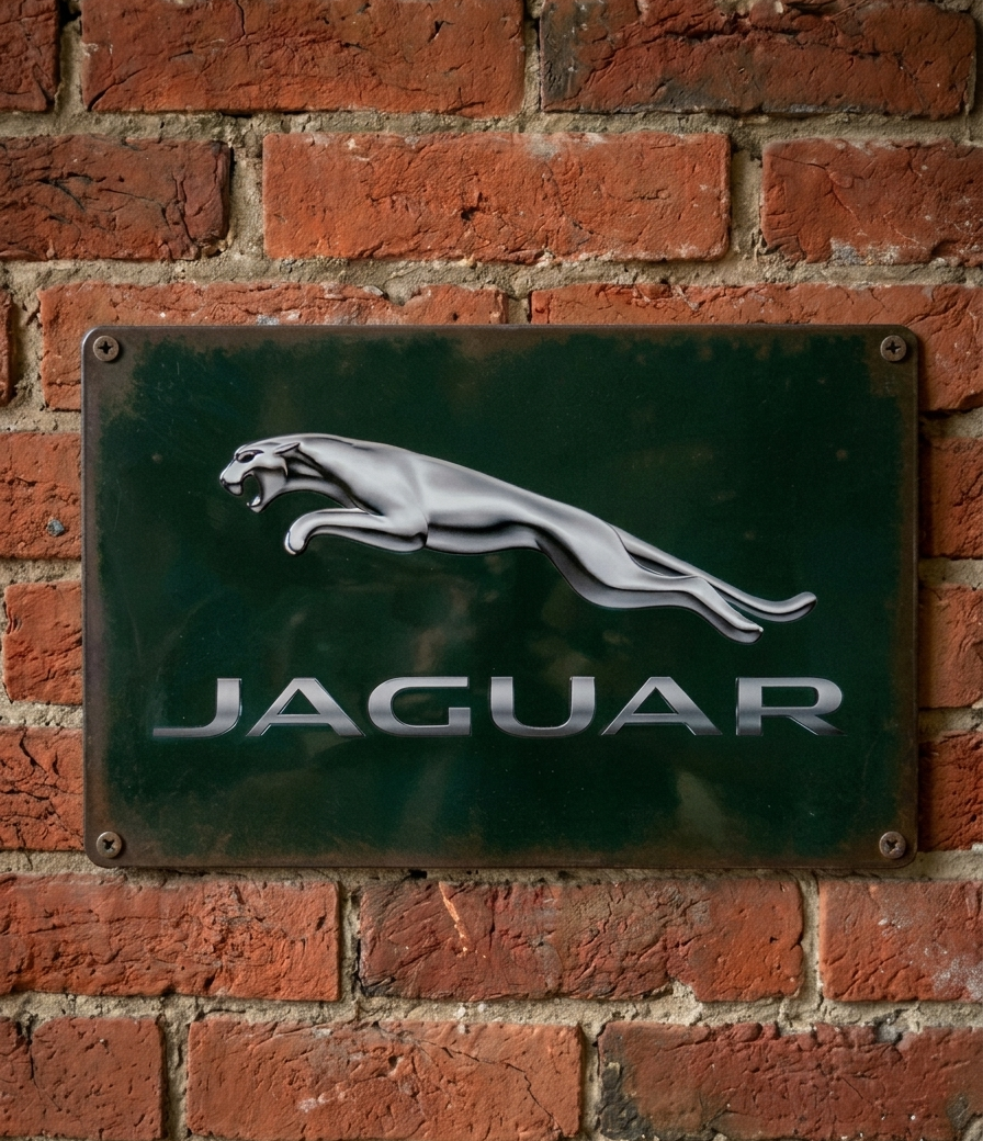 Vintage-style landscape metal wall sign featuring the silver Jaguar 'leaper' logo and Jaguar block lettering on a dark racing green background with weathered edges.