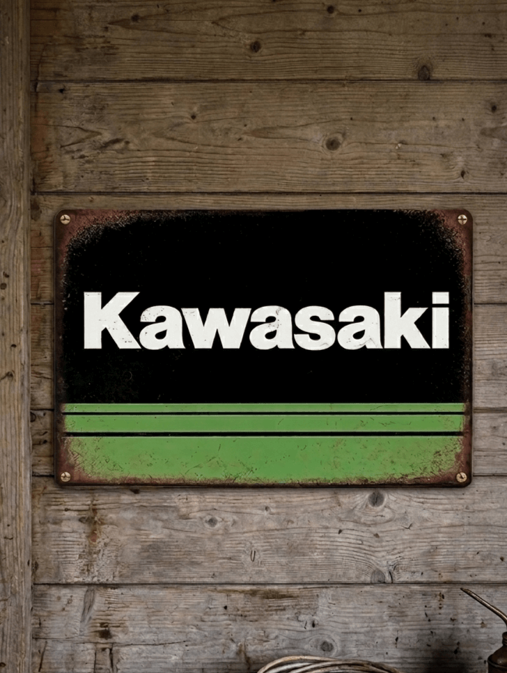 Vintage-style landscape metal wall sign featuring the Kawasaki logo in white over a black and lime green background with a heavily distressed, rusted border
