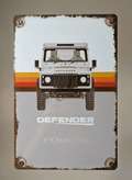 Vertical vintage-style metal wall sign featuring a front-facing vector illustration of a classic white Land Rover Defender with a retro orange, yellow, and brown striped background, text reading 'DEFENDER OFF ROAD ICONS', and heavily distressed rusted borders.
