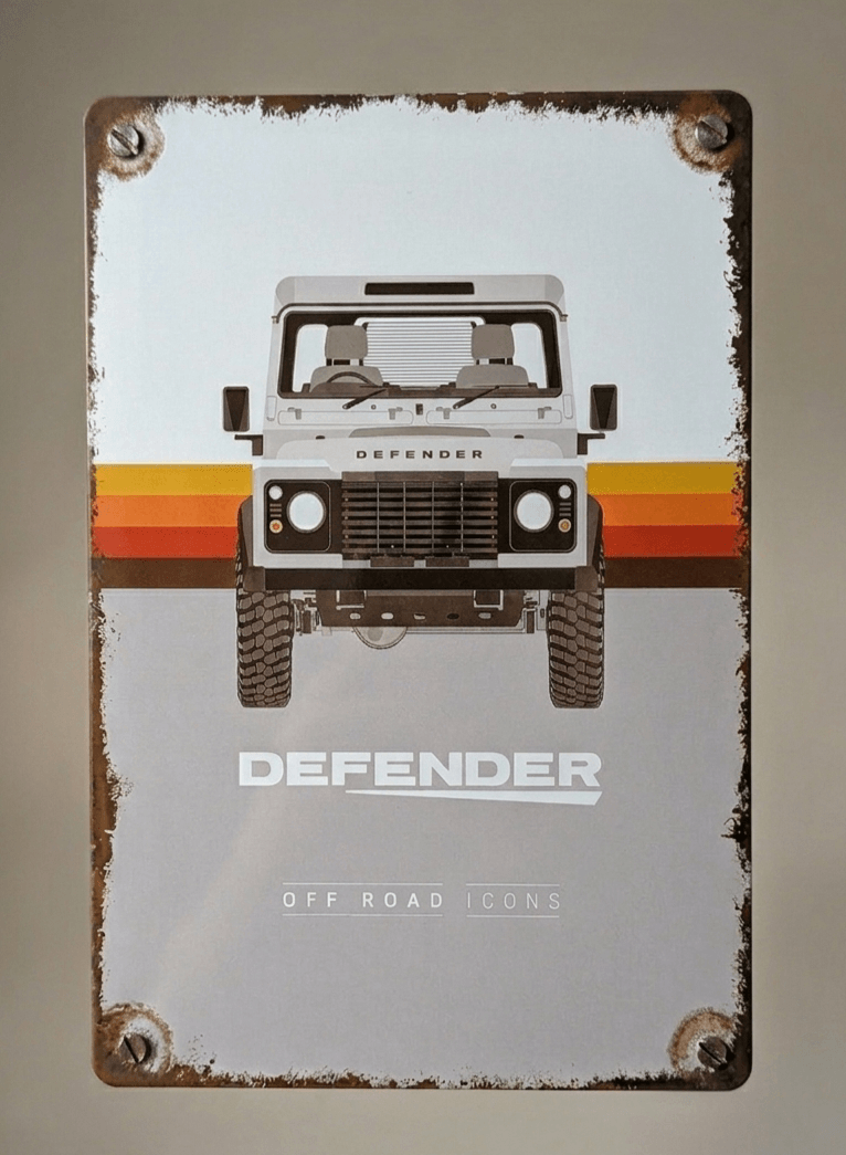 Vertical vintage-style metal wall sign featuring a front-facing vector illustration of a classic white Land Rover Defender with a retro orange, yellow, and brown striped background, text reading 'DEFENDER OFF ROAD ICONS', and heavily distressed rusted borders.