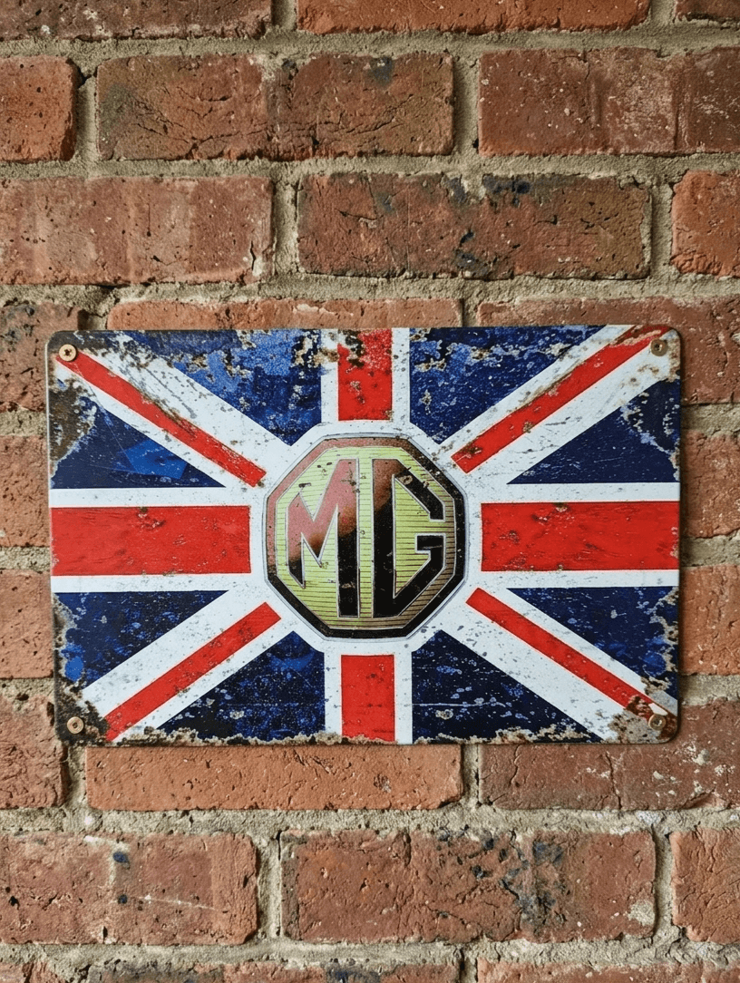Vintage-style landscape metal wall sign featuring the MG octagonal logo centered over a distressed Union Jack flag with heavily rusted edges