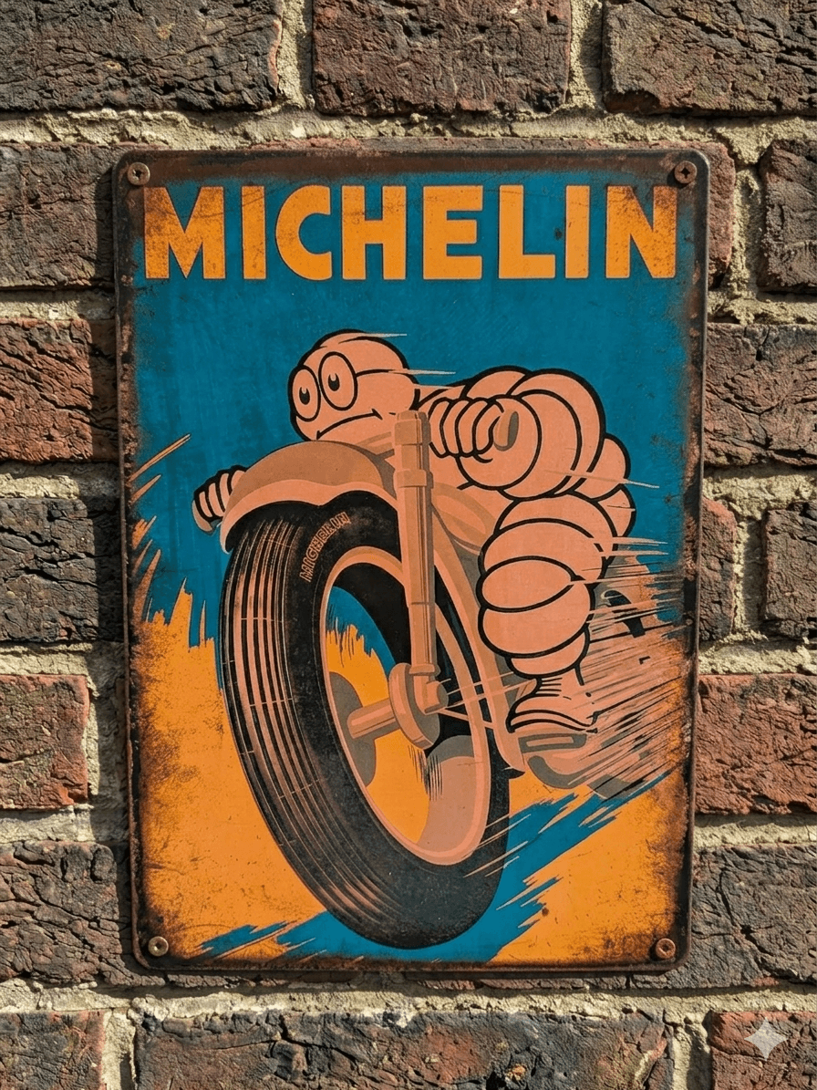 Vintage-style metal wall sign featuring the Michelin Man riding a motorcycle at high speed with orange and blue action graphics and a distressed rusted border